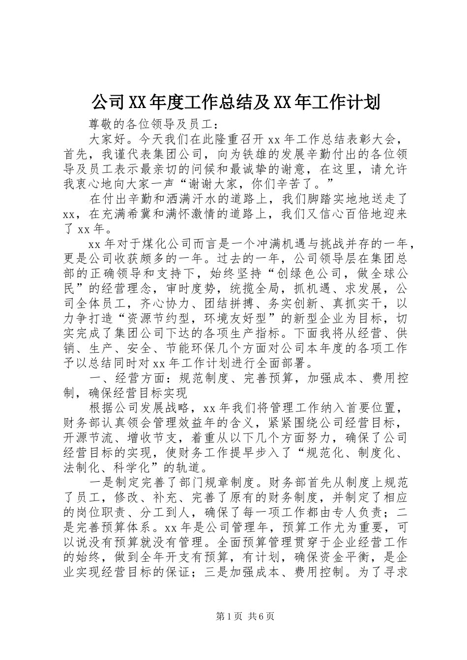 公司XX年度工作总结及XX年工作计划 _第1页