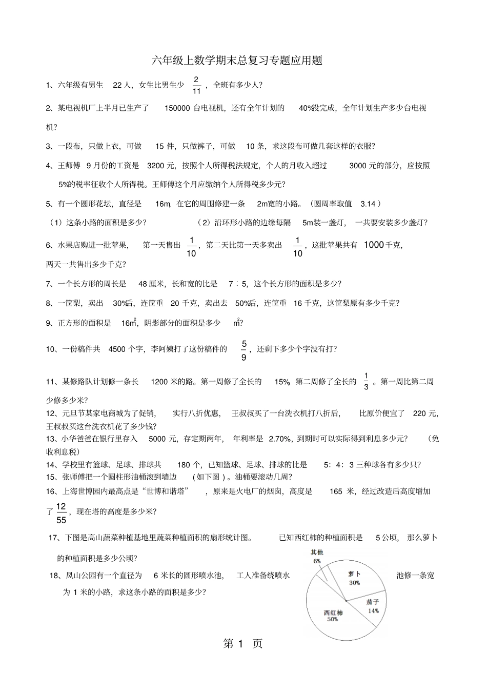六年级上册数学试题期末总复习专题应用题人教版新课标-最新学习文档_第1页