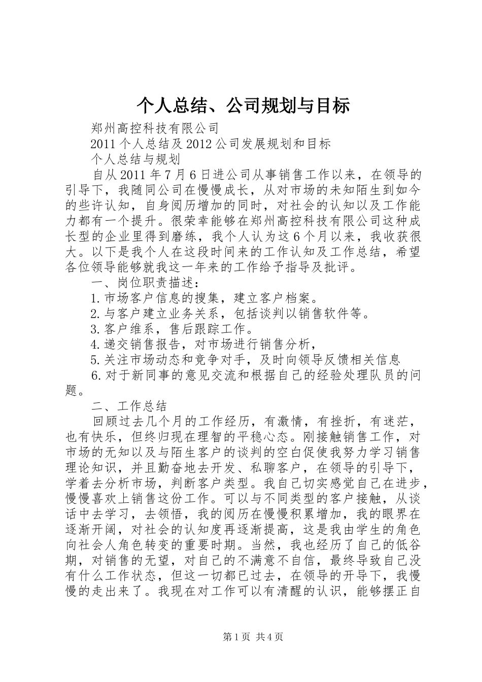 个人总结、公司规划与目标 _第1页