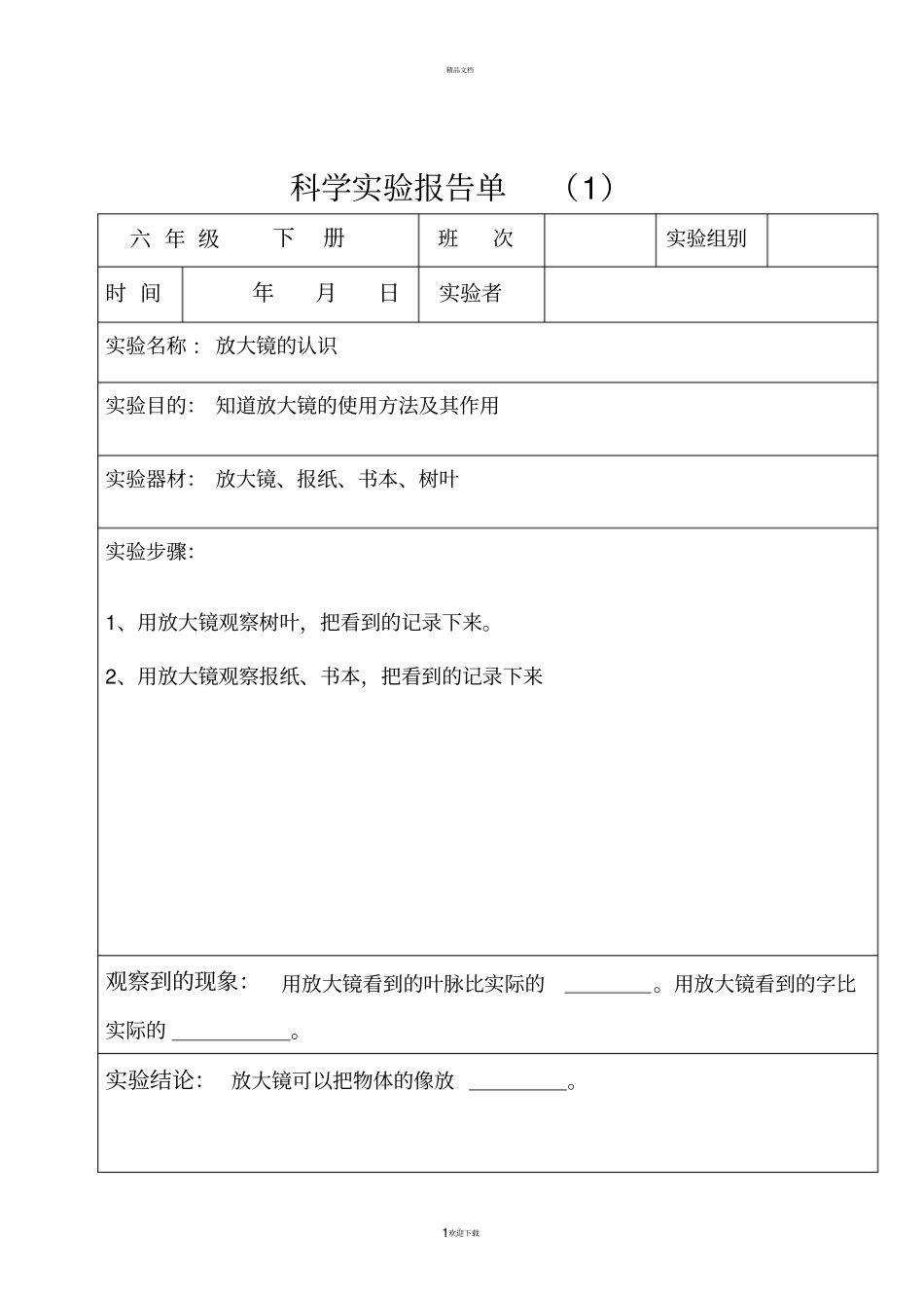 六年级下册科学试验报告单_第1页