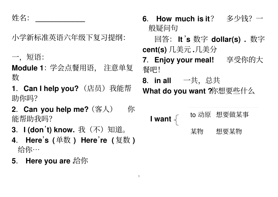 六年级下册英语复习提纲-短语句型讲解_第1页