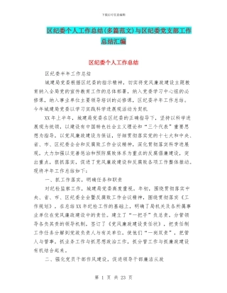 区纪委个人工作总结与区纪委党支部工作总结汇编