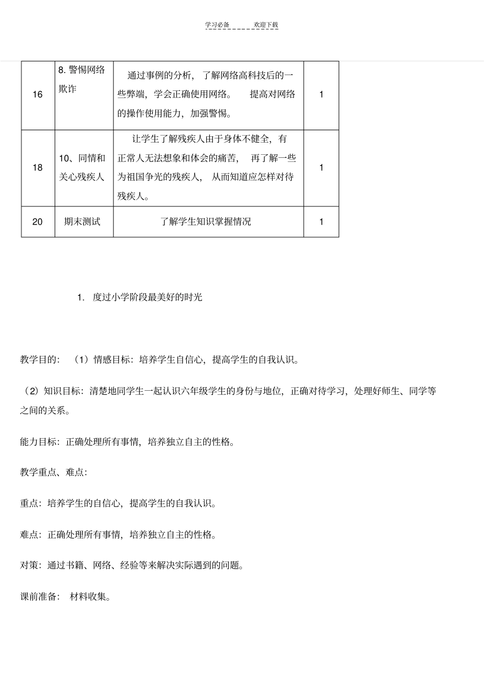六年级下学期健康教育教学计划_第2页