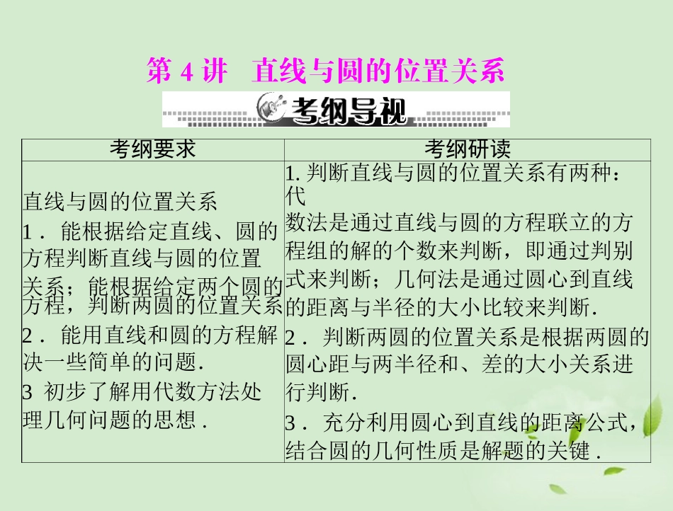 高考数学一轮复习 第十一章 第4讲 直线与圆的位置关系课件 理 课件_第1页