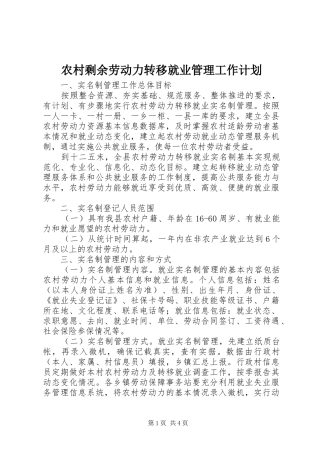 农村剩余劳动力转移就业管理工作计划 