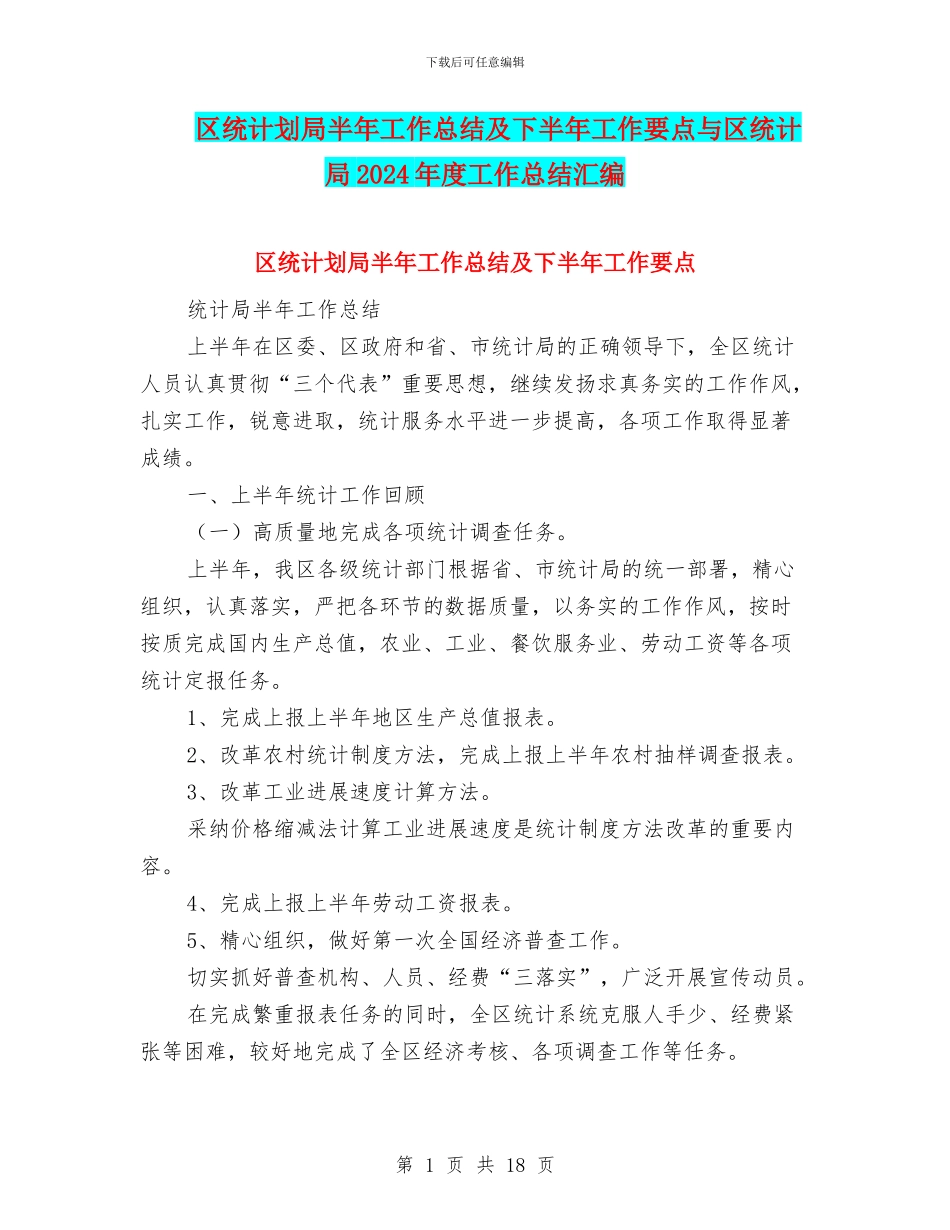 区统计划局半年工作总结及下半年工作要点与区统计局2024年度工作总结汇编_第1页