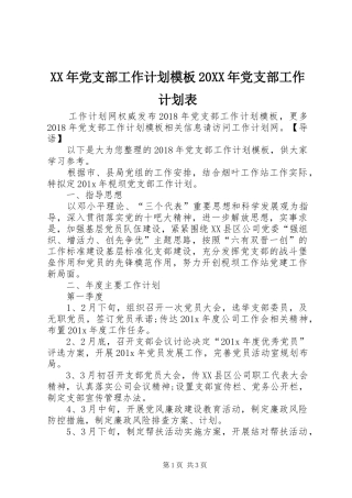 XX年党支部工作计划模板20XX年党支部工作计划表