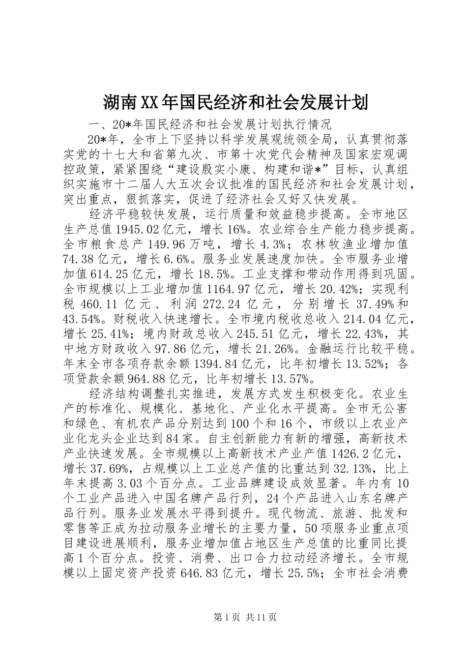 湖南XX年国民经济和社会发展计划 _第1页