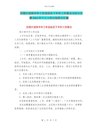 区统计划局半年工作总结及下半年工作要点与区计生委2024年个人工作计划范文汇编