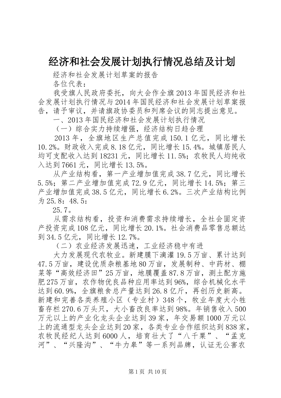 经济和社会发展计划执行情况总结及计划 _第1页