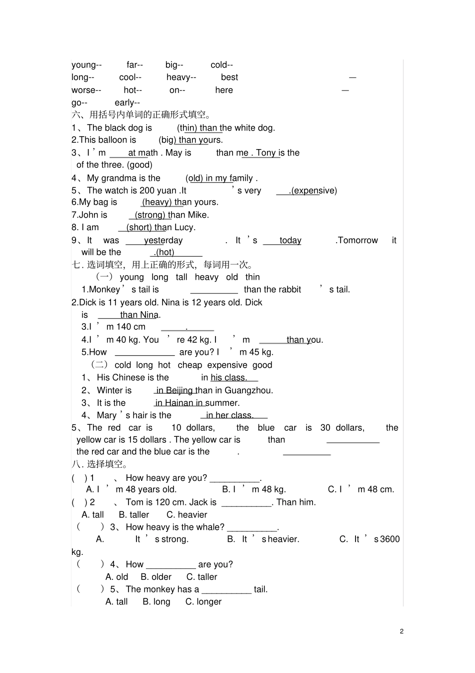 六年级形容词专项练习_第2页