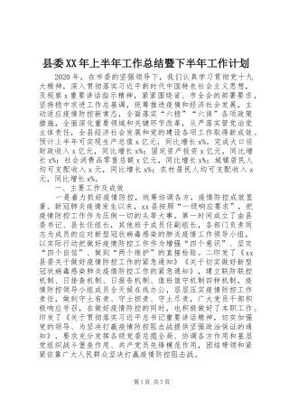 县委XX年上半年工作总结暨下半年工作计划 