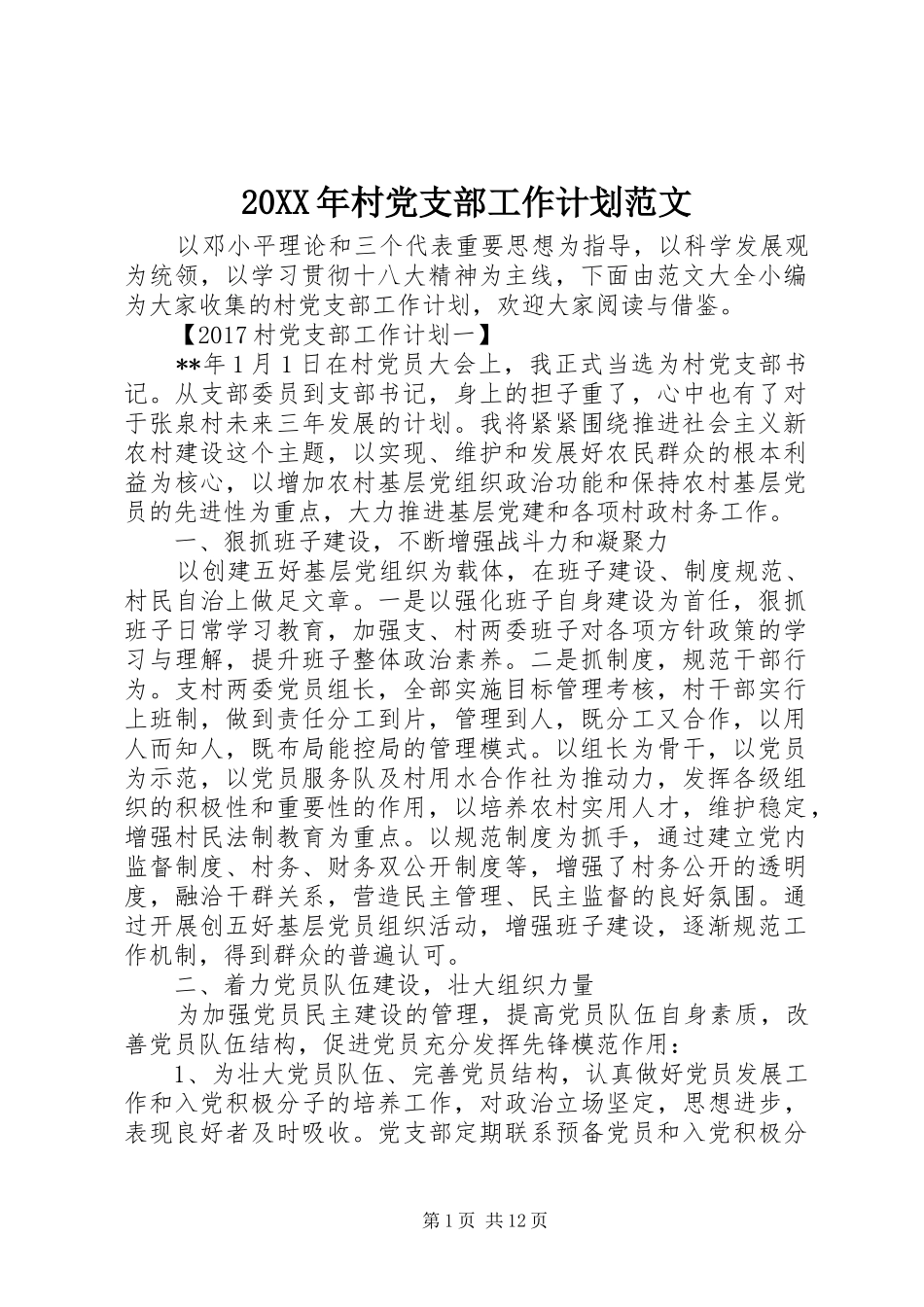 20XX年村党支部工作计划范文 (4)_第1页