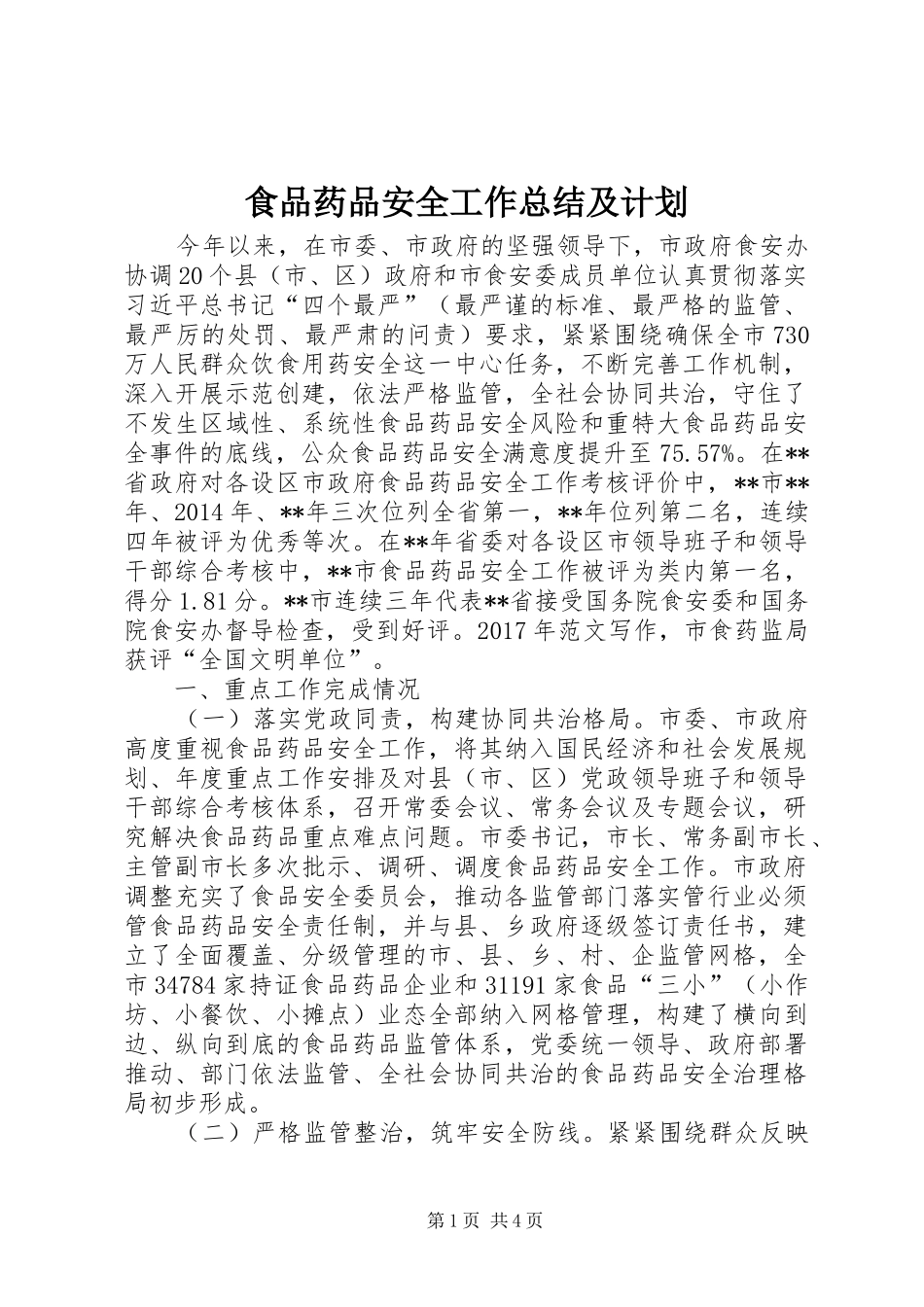 食品药品安全工作总结及计划 _第1页