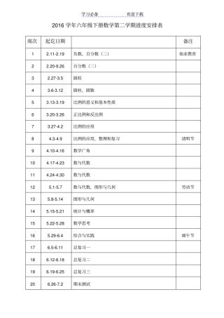 六年级数学下册进度表及教学计划