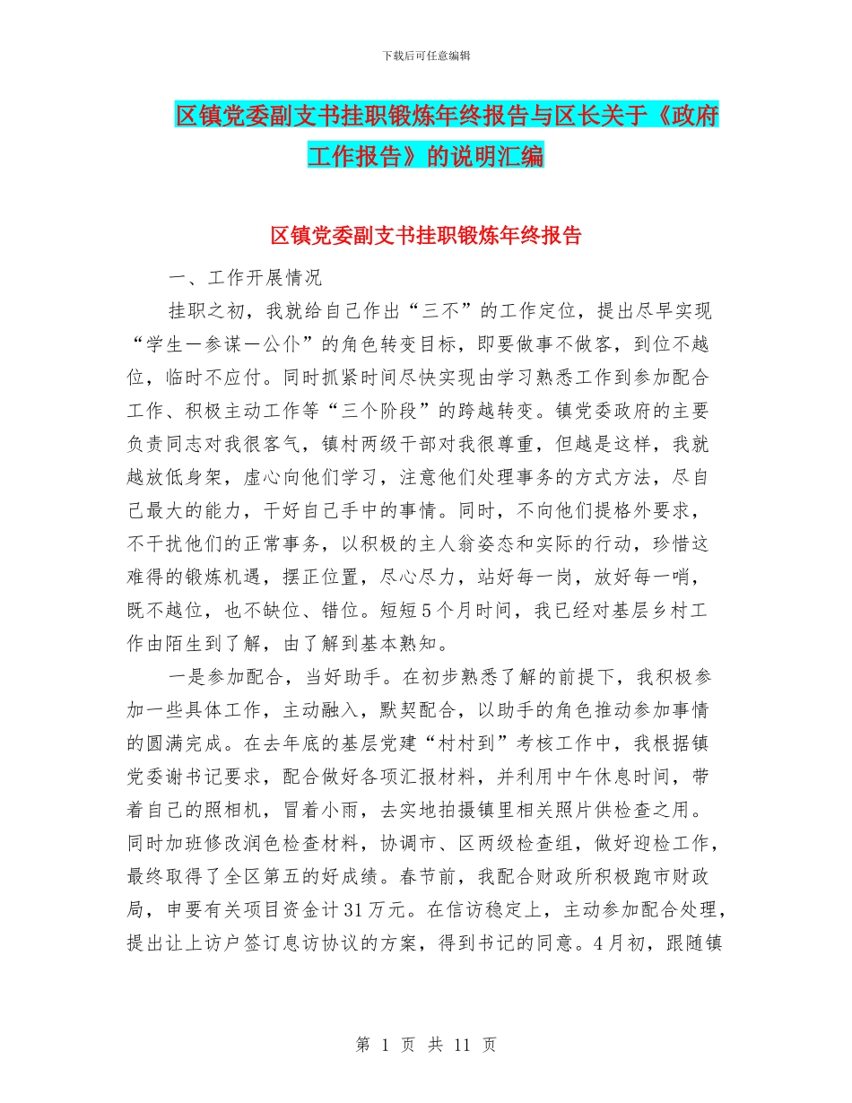 区镇党委副支书挂职锻炼年终报告与区长关于《政府工作报告》的说明汇编_第1页
