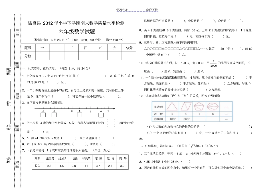 六年级数学升学考试题_第1页