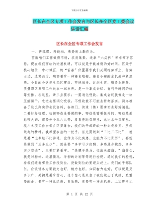 区长在全区专项工作会发言与区长在全区党工委会议讲话汇编