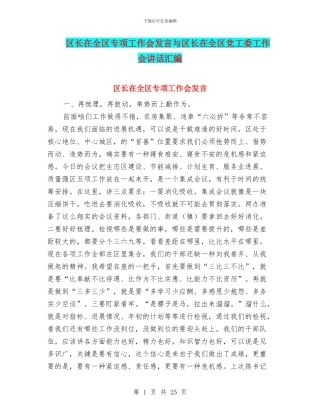 区长在全区专项工作会发言与区长在全区党工委工作会讲话汇编