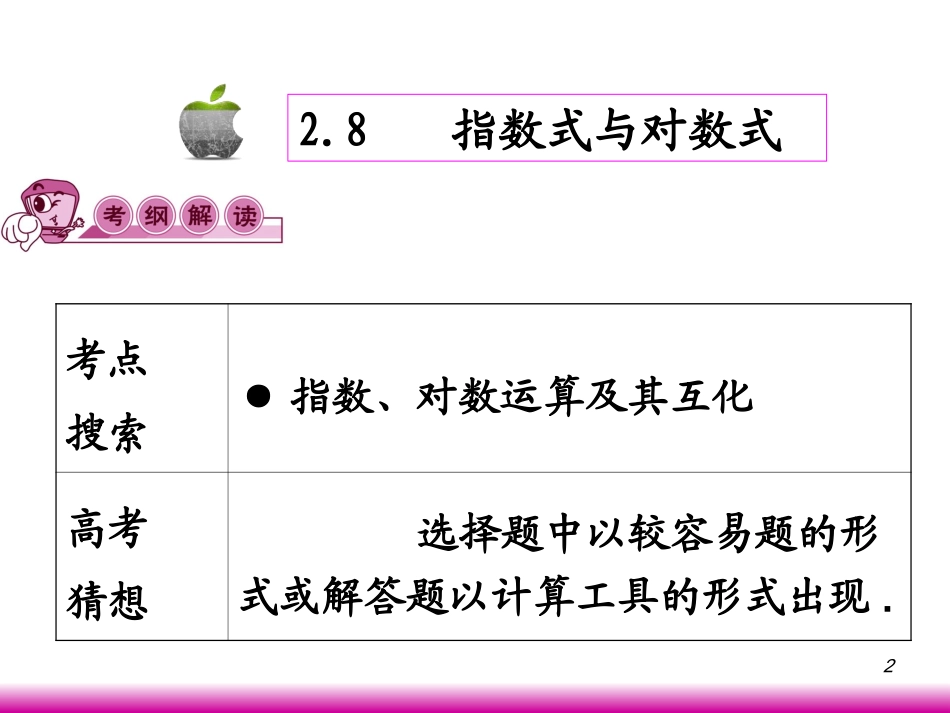 高考数学第一轮总复习2.8指数式与对数式课件 文 (广西专版) 课件_第2页