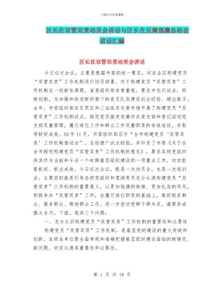 区长在双管双责动员会讲话与区长在反腐倡廉总结会讲话汇编