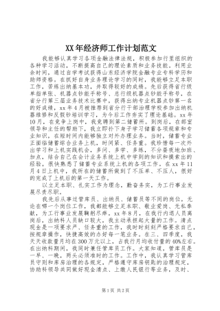 XX年经济师工作计划范文 