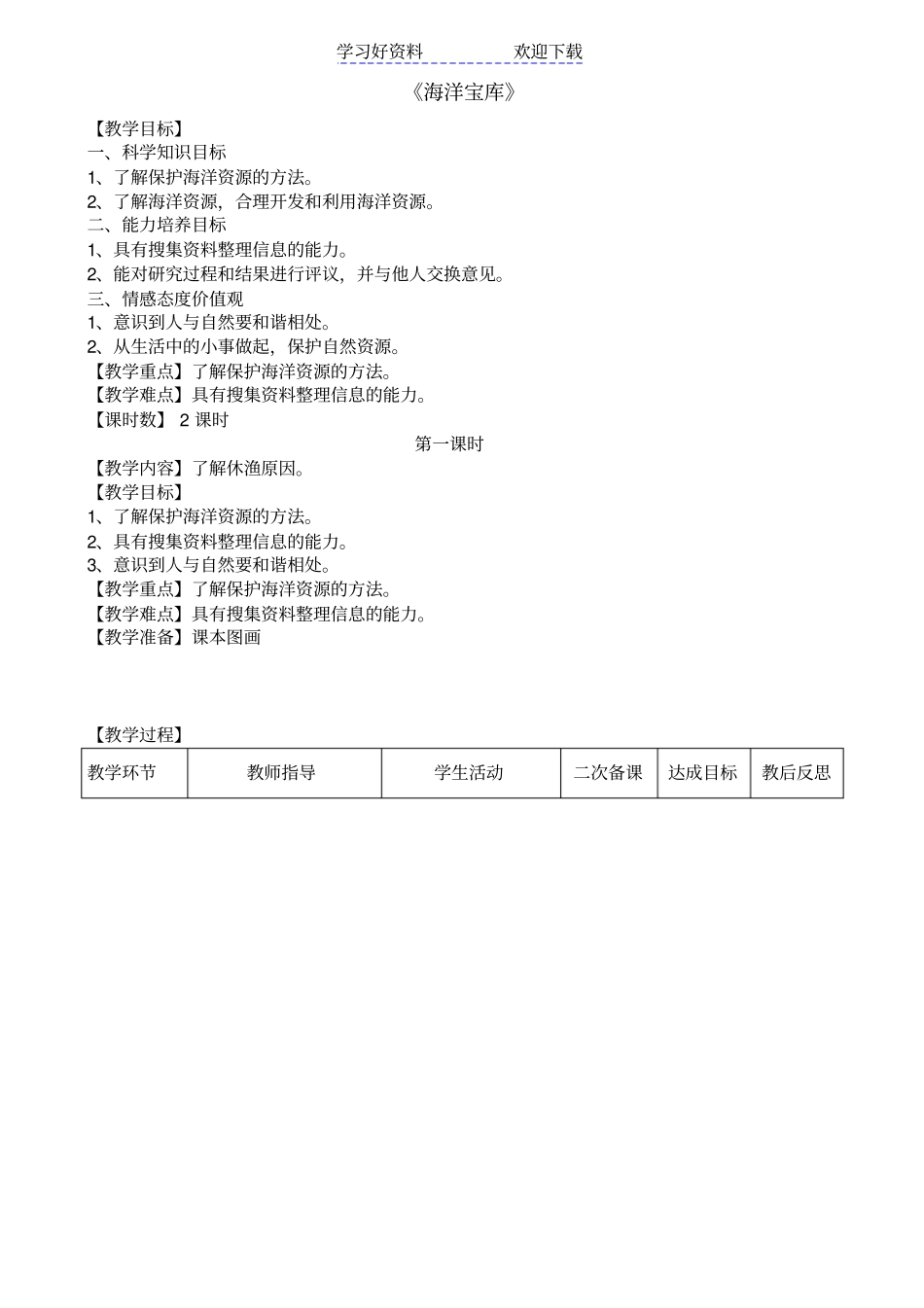 六年级科学下册海洋宝库教学设计_第1页