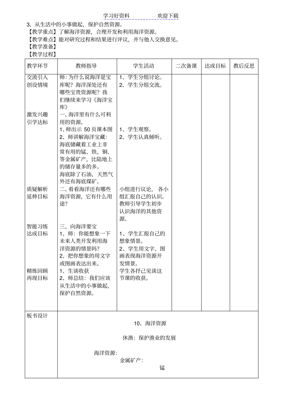 六年级科学下册海洋宝库教学设计_第3页