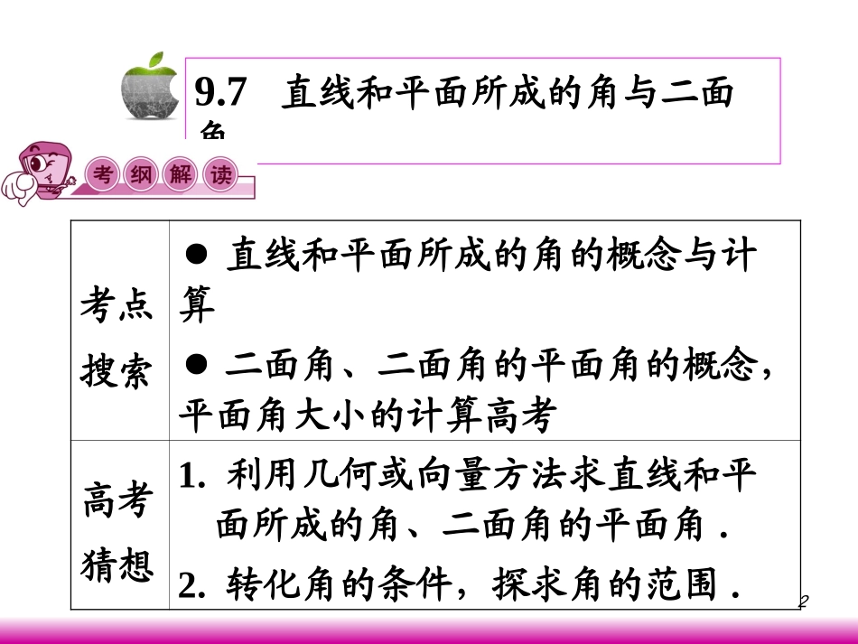 高考数学第一轮总复习9.7直线和平面所成的角与二面角(第1课时)课件 文 (广西专版) 课件_第2页