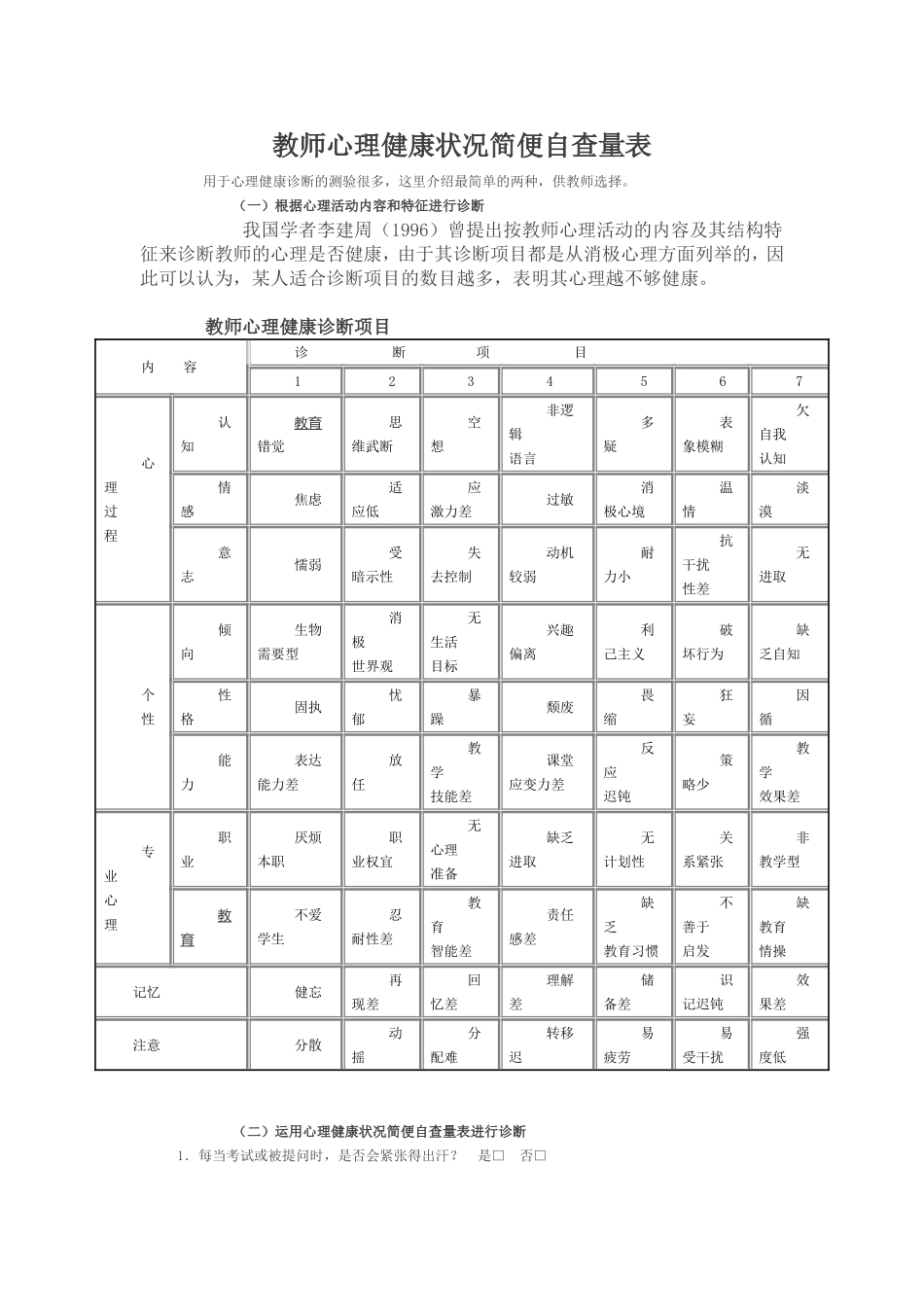 教师心理健康状况简便自查量表_第1页