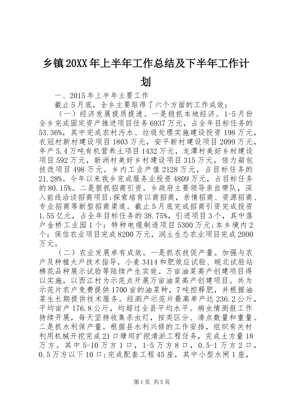 乡镇20XX年上半年工作总结及下半年工作计划_第1页