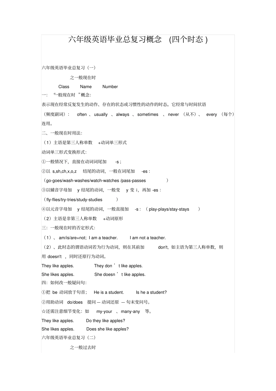 六年级英语毕业总复习概念四个时态_第1页
