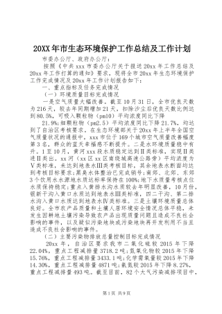 20XX年市生态环境保护工作总结及工作计划