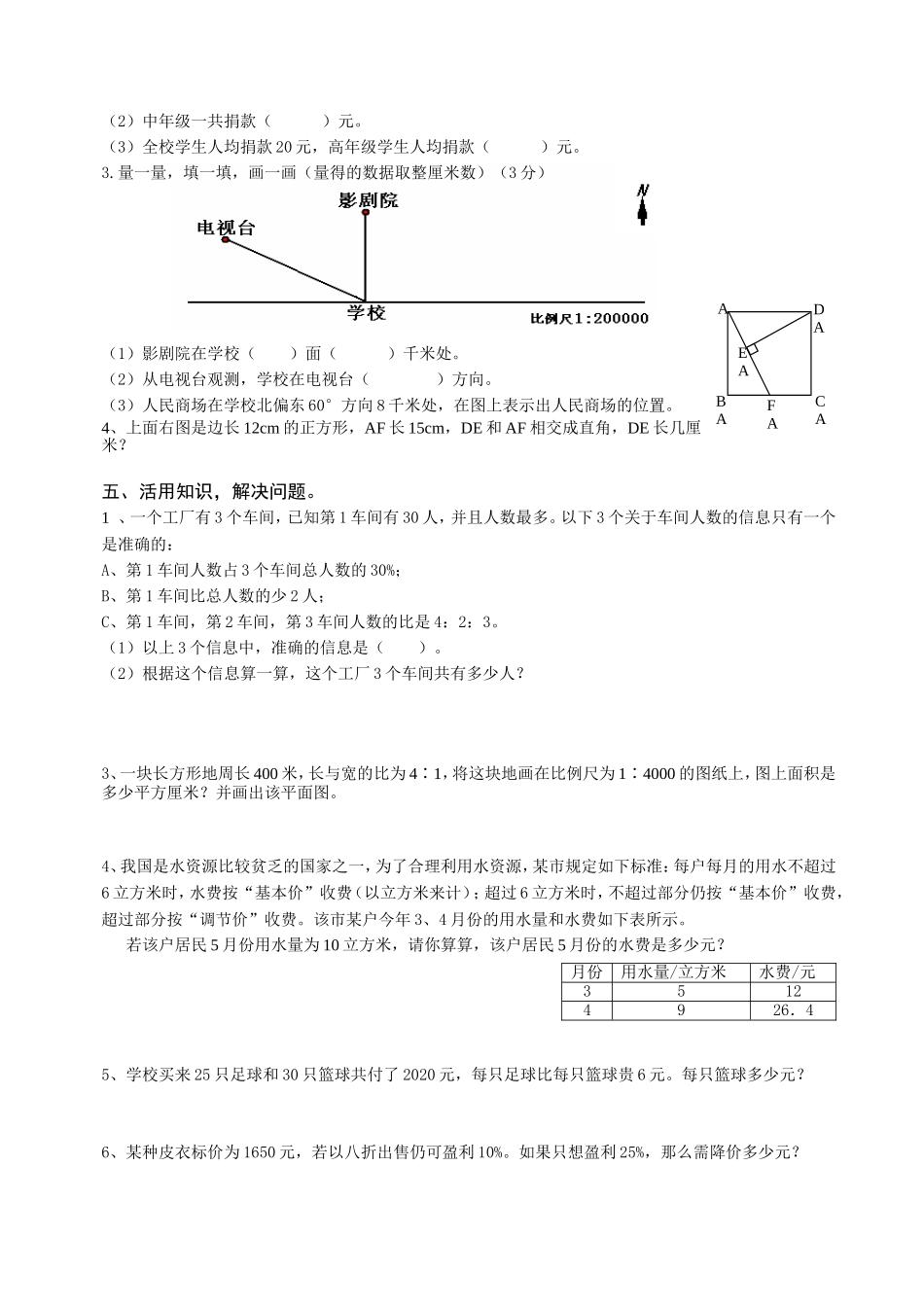 2015六年级数学毕业试卷_第3页