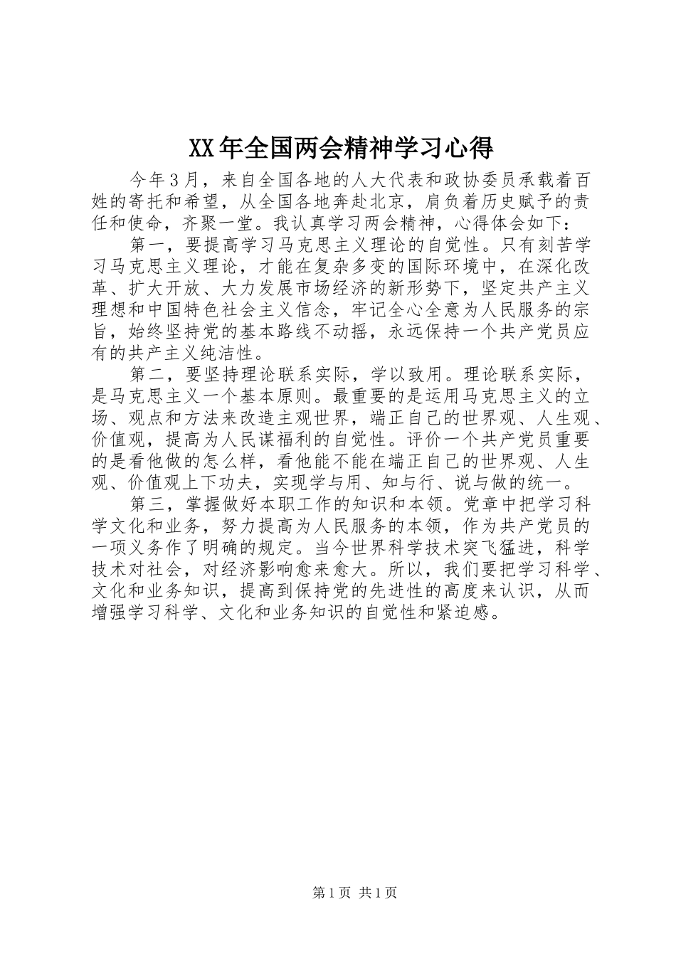 XX年全国两会精神学习心得_第1页