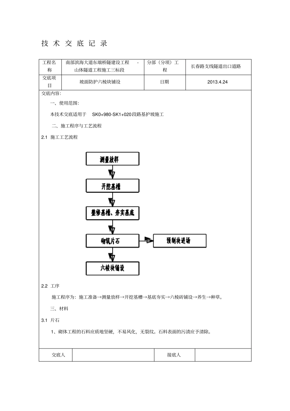 六棱块坡面防护施工技术交底_第1页