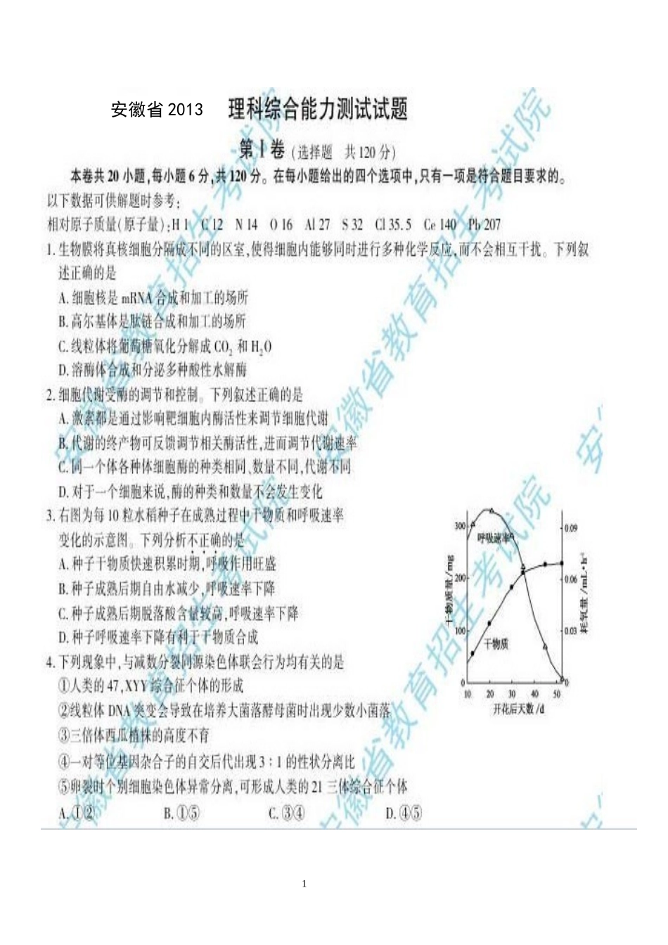 2013安徽省高考理科综合生物试题及答案_第1页