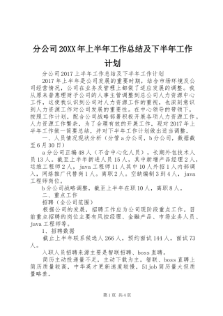 分公司20XX年上半年工作总结及下半年工作计划