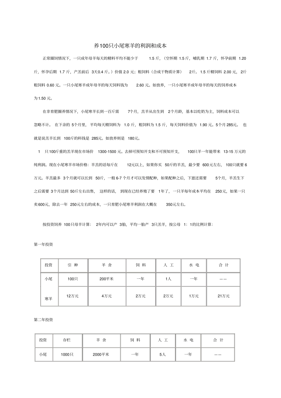 养100只小尾寒羊的利润和成本_第1页