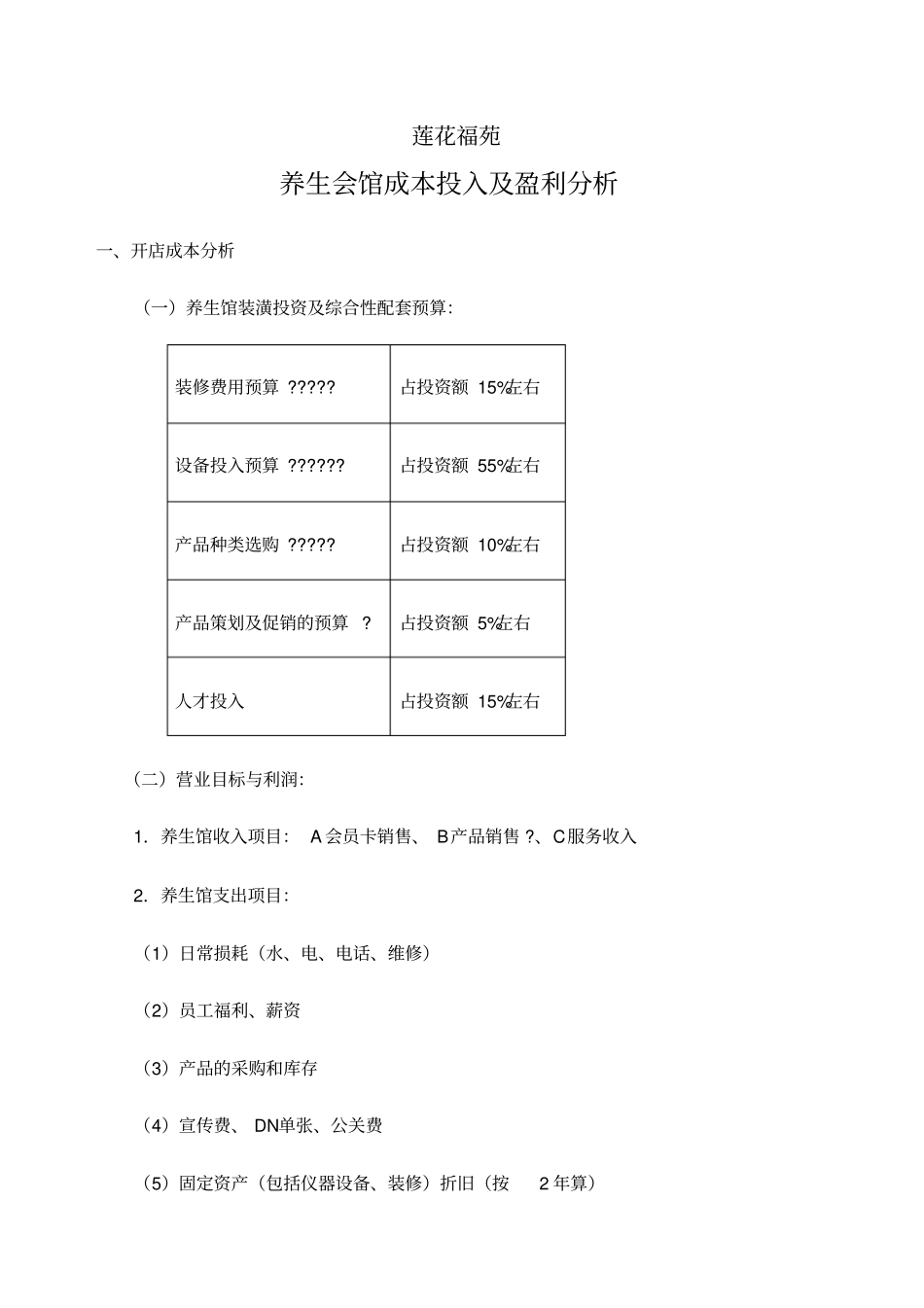 养生会馆成本投入及盈利分析附件_第1页
