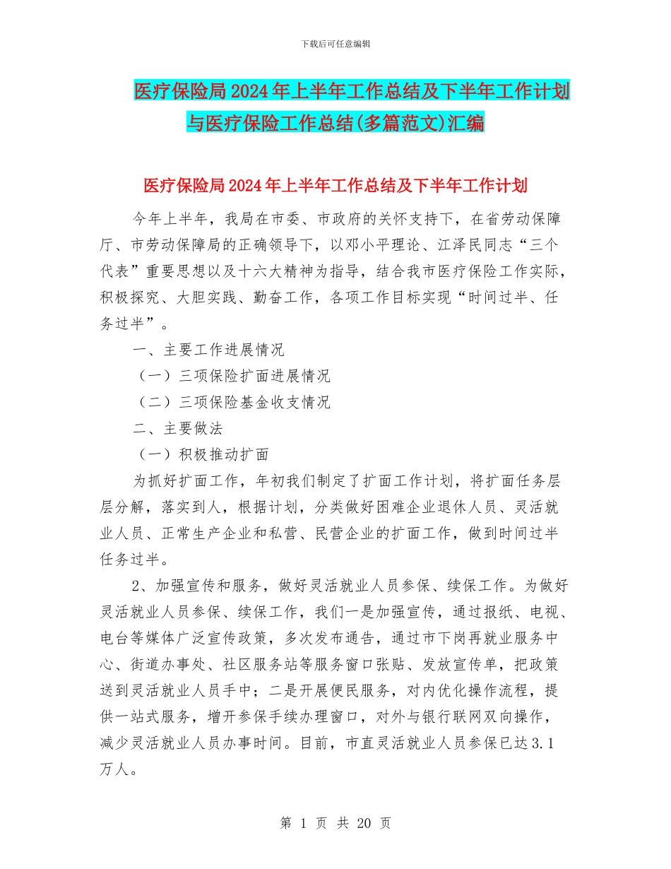 医疗保险局2024年上半年工作总结及下半年工作计划与医疗保险工作总结汇编_第1页