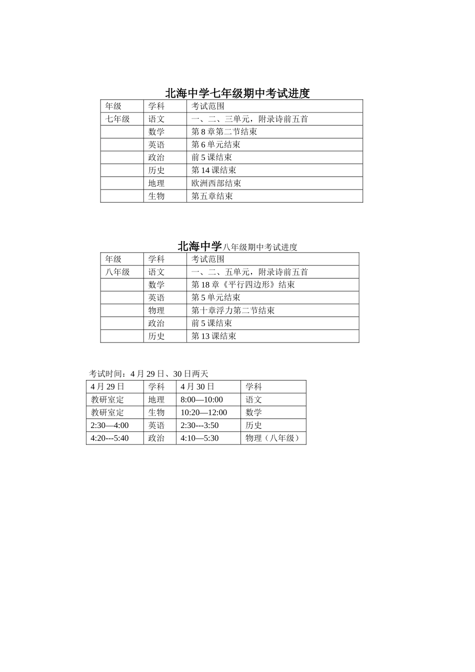 北海中学七年级期中考试进度_第1页