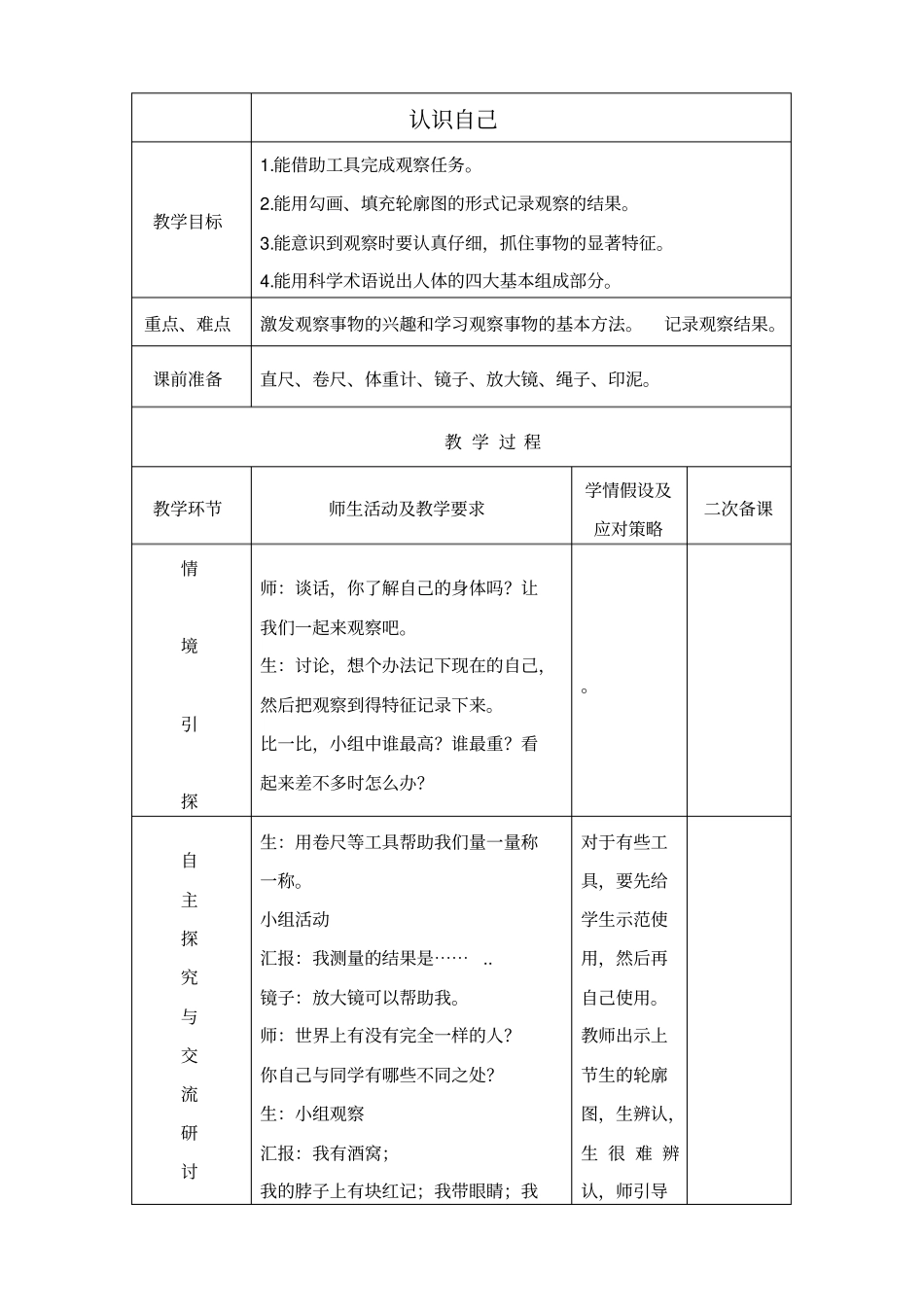冀教版三年级上册科学认识自己教学设计_第1页
