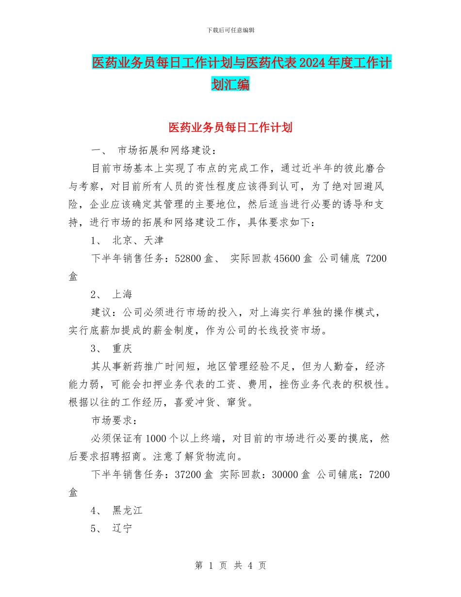 医药业务员每日工作计划与医药代表2024年度工作计划汇编_第1页