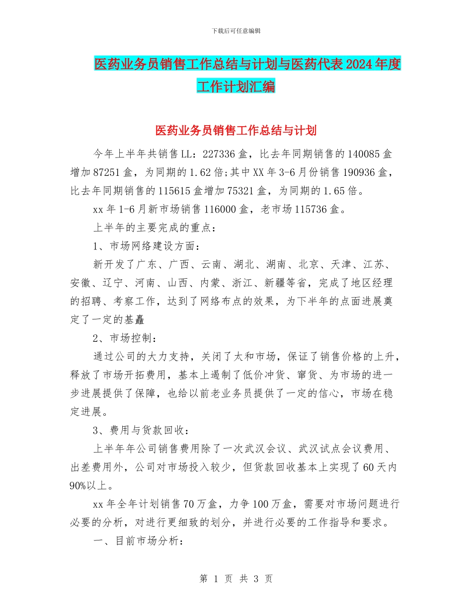 医药业务员销售工作总结与计划与医药代表2024年度工作计划汇编_第1页