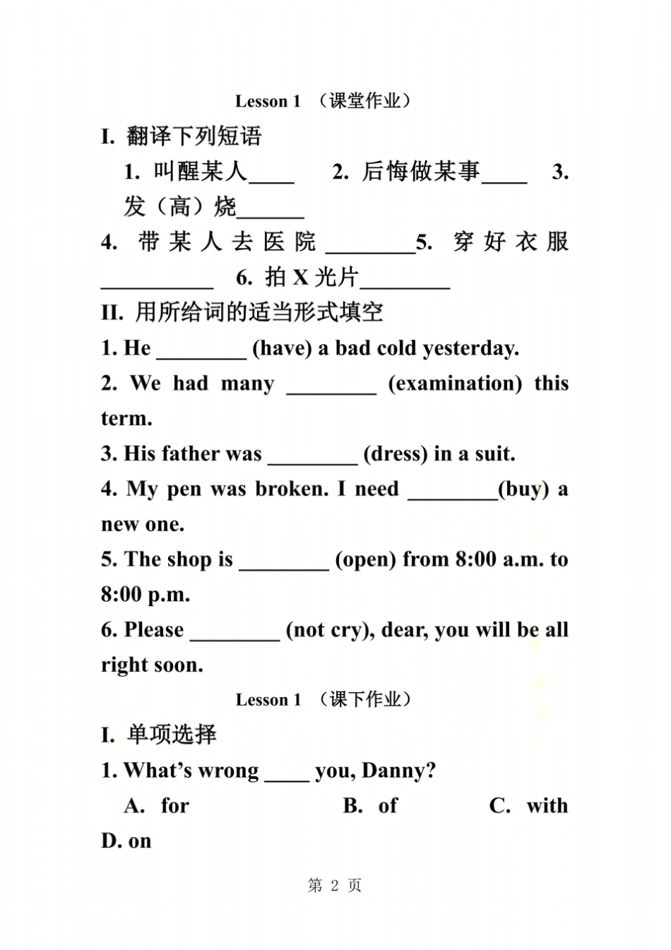 冀教版九年级英语全册Lesson1What’sWrongwithDanny练习题_第2页