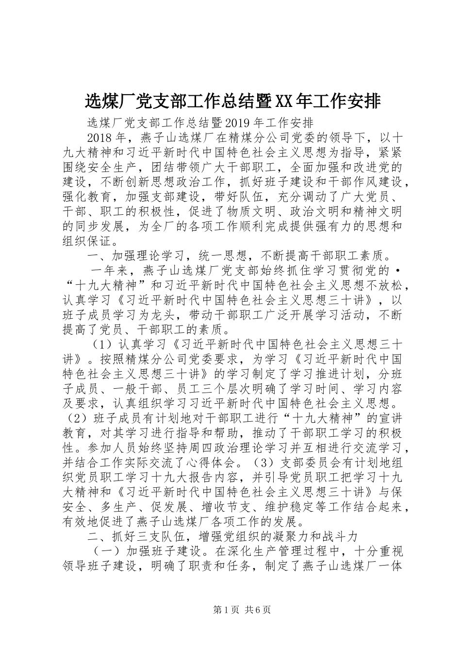 选煤厂党支部工作总结暨XX年工作安排 _第1页