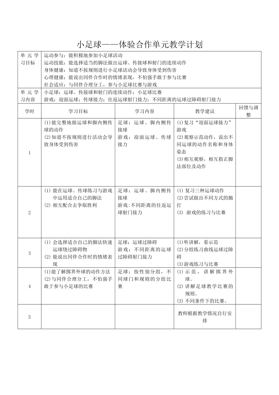 小足球——体验合作单元教学计划_第1页