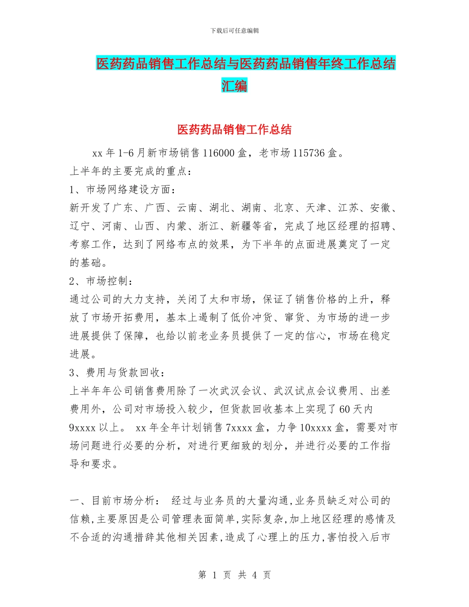 医药药品销售工作总结与医药药品销售年终工作总结汇编_第1页