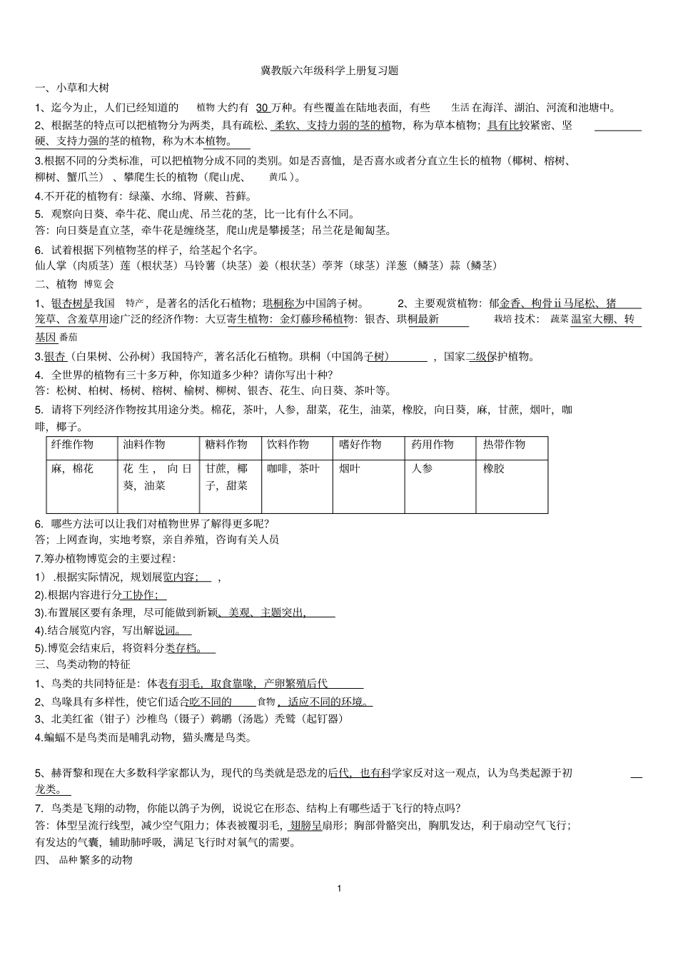 冀教版六年级科学上册复习题讲解_第1页